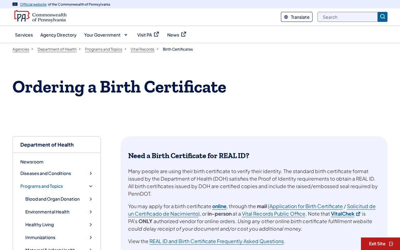 Exeter Township resident lookup through Pennsylvania birth certificate records